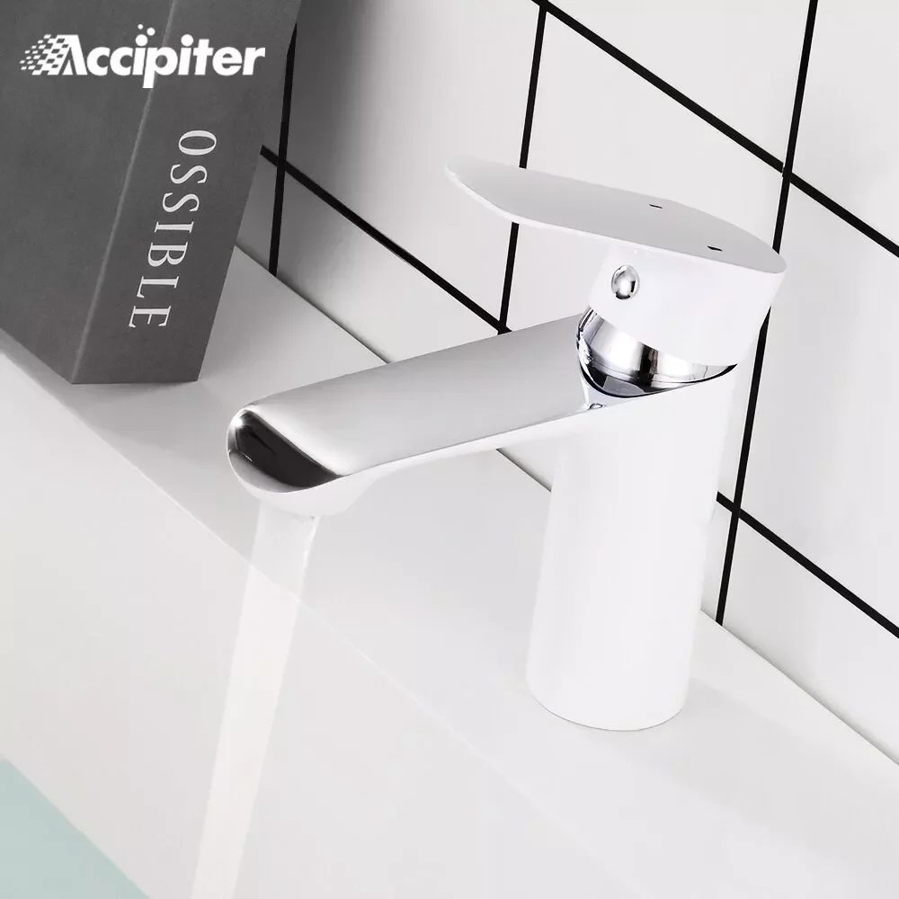 

Bathroom Basin Faucet Deck Mounted Basin Mixer Tap Chrome Sink Tap Vanity Hot Cold Water Faucet White Painting Tap Faucet