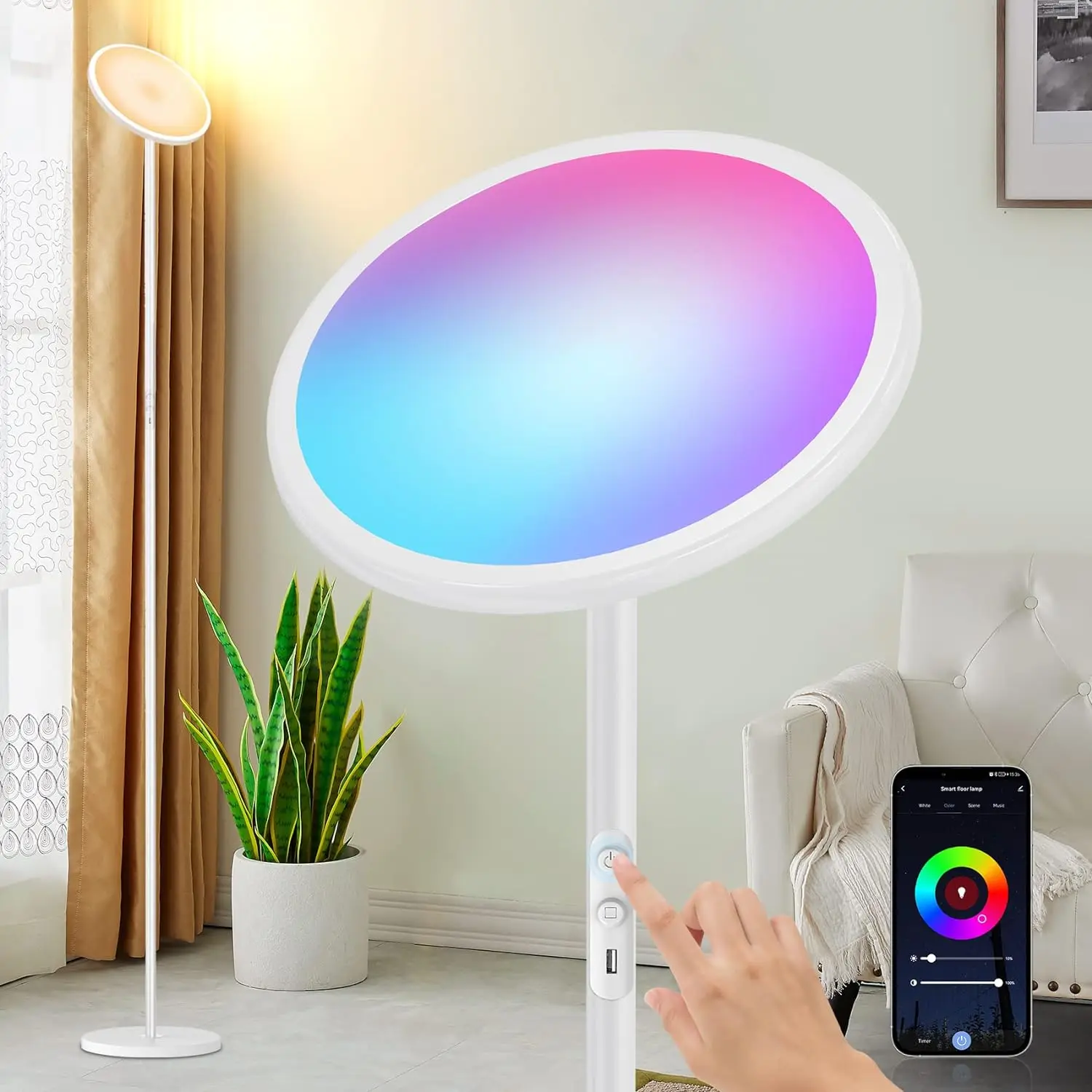 

RGB напольная лампа работает с Alexa Google Home, 2,4G WiFi Современная высокая стоячая лампа Torchiere, яркая и регулируемая яркость