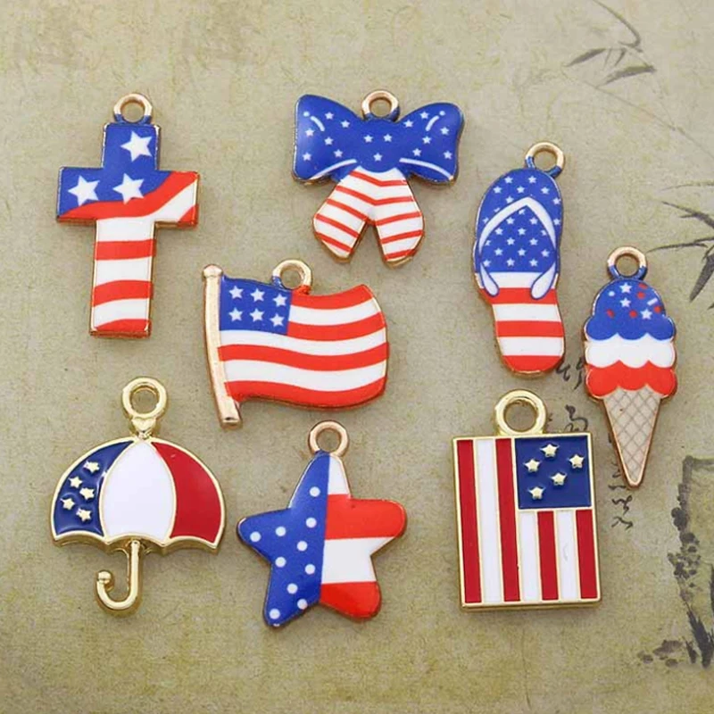 

10pcs/Lot American Flag Bow Slipper Shape Enamel Charms Alloy Pendant Stars Charms for Jewelry Making Supplies