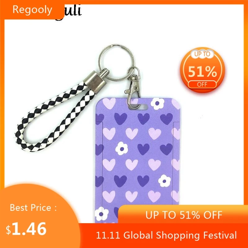 

Purple Heart Love Cute Card Cover Clip Lanyard Retractable Student Nurse Badge Reel Clip Cartoon ID Card Holder