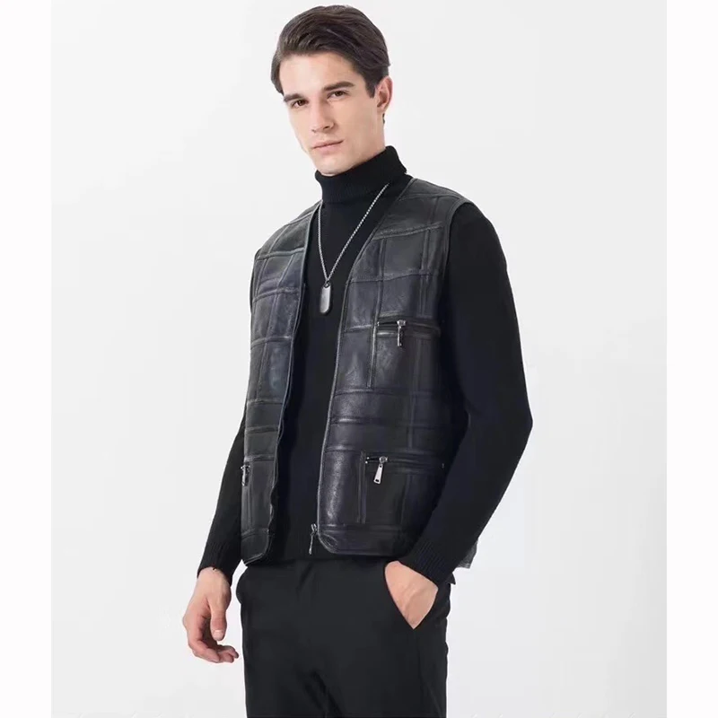 High Quality Fashion Spring Autumn Men Real Sheepskin Vest Genuine Leather Male's Vest Thick Fur Lining Leather Sleeveless Coat