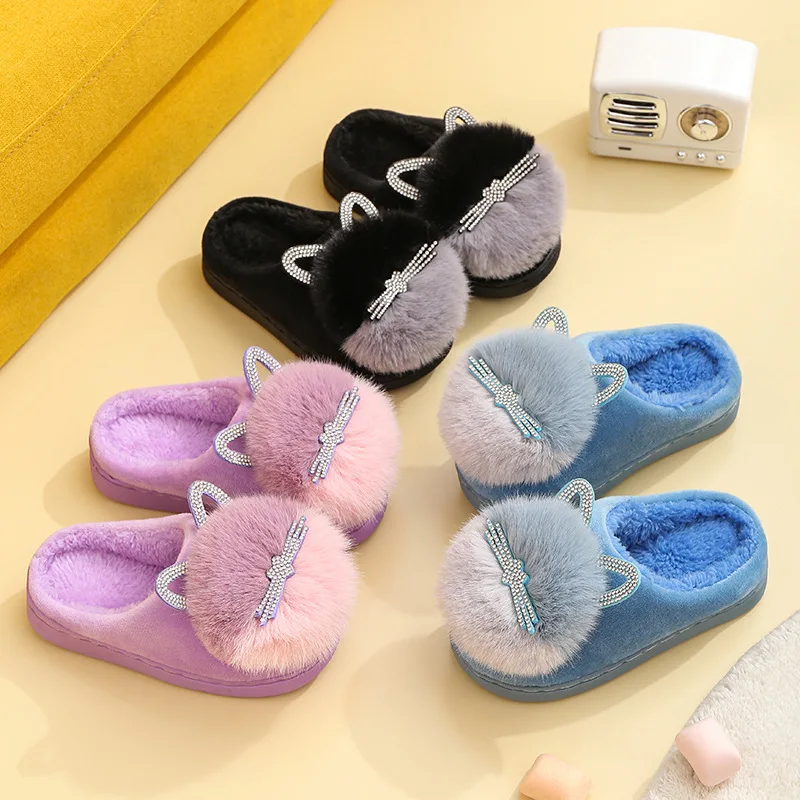 

Children's Girls Boy Rhinestone Cat Plush Warm Slippers Cute Cartoon Home Comfortable Slippers Non-Slip Soft Flat Kids Slipper