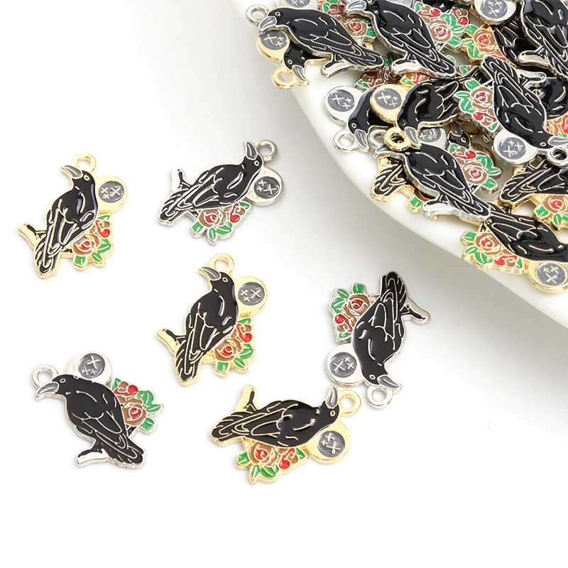 10 шт. эмалированные Подвески в виде черной вороны готический ворон цветок