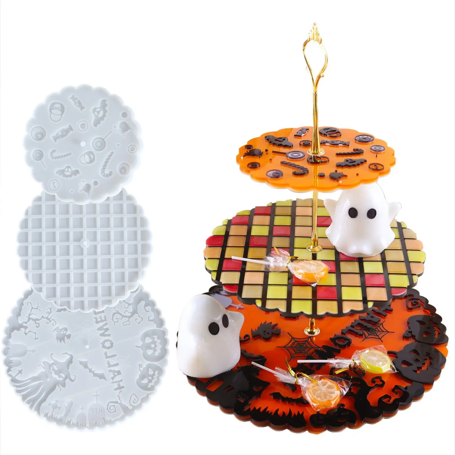 

DIY Crystal Epoxy Resin Mold Halloween Tray Ghost Pumpkin Three-layer Shelf Mirror Silicone Mold