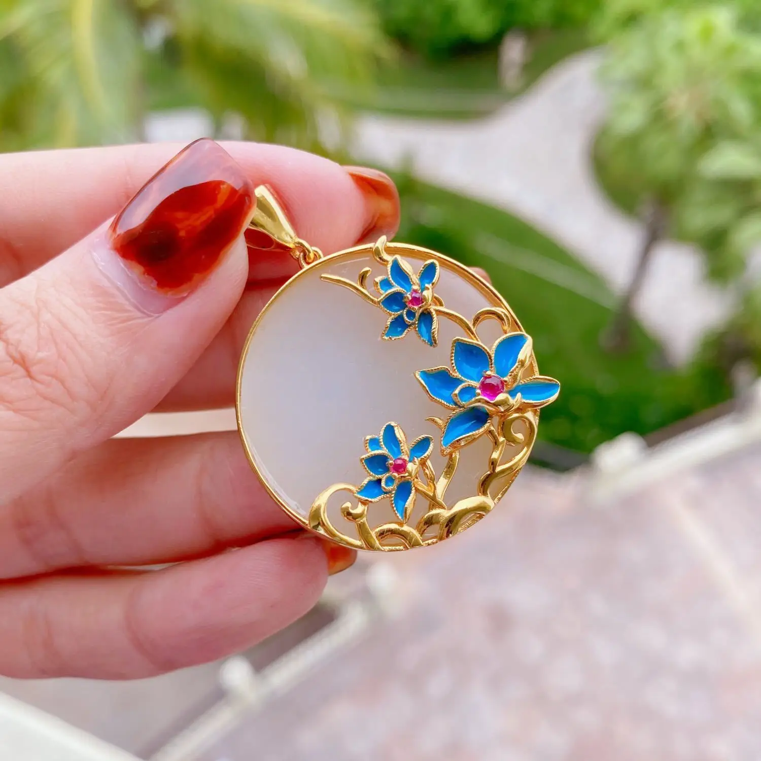 

Ожерелье из натуральной магнолии, круглый фарфоровый кулон из эмали, романтичное сказочное Серебряное украшение в китайском стиле ретро