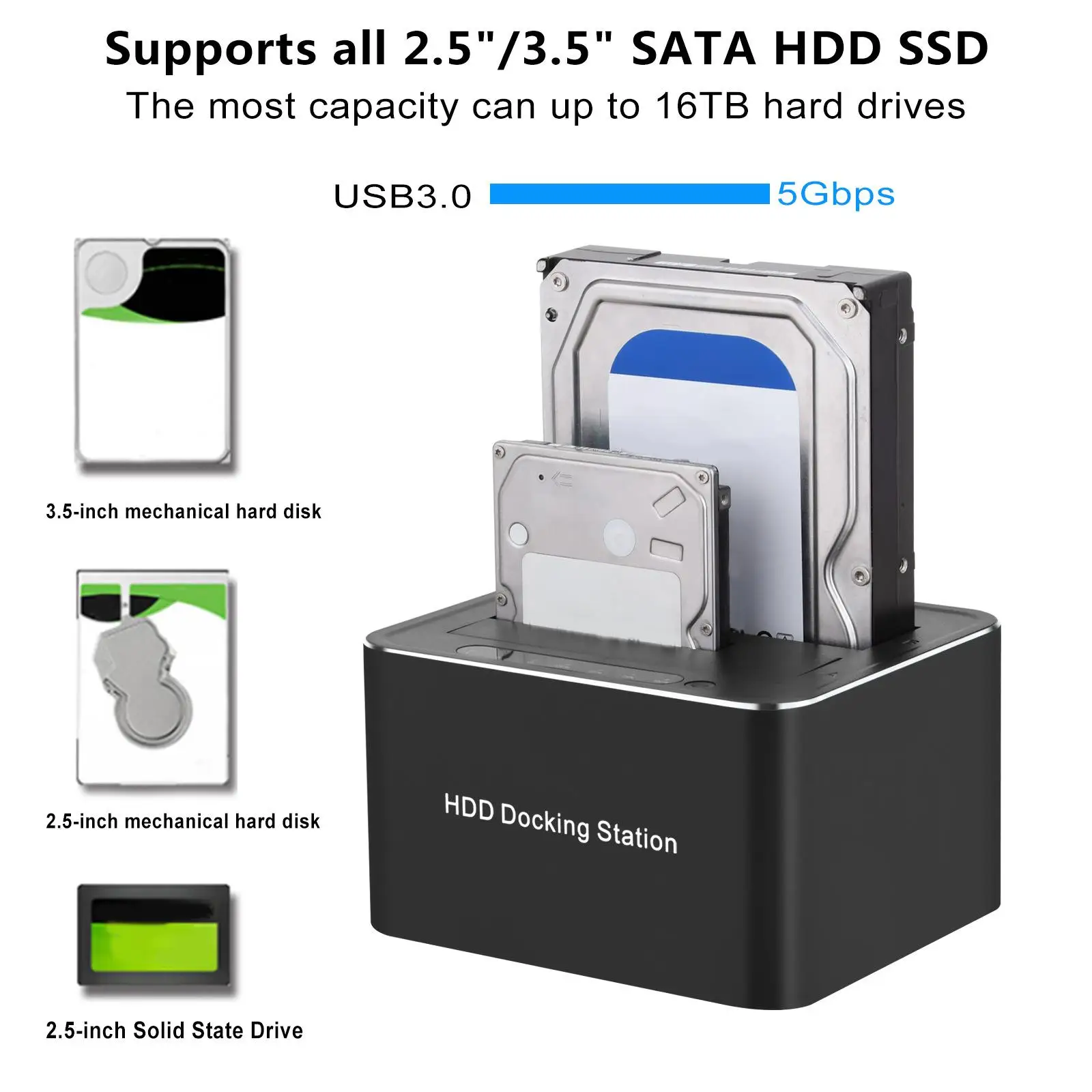 

USB 3.0 to SATA External Hard Drive Docking Station [UK Plug] Portable External Hard Drive Enclosure for 2.5 3.5in HDD SSD