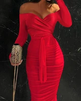 elegant red lace up off shoulder skinny party robe lady formal evening clothing midi bodycon dress