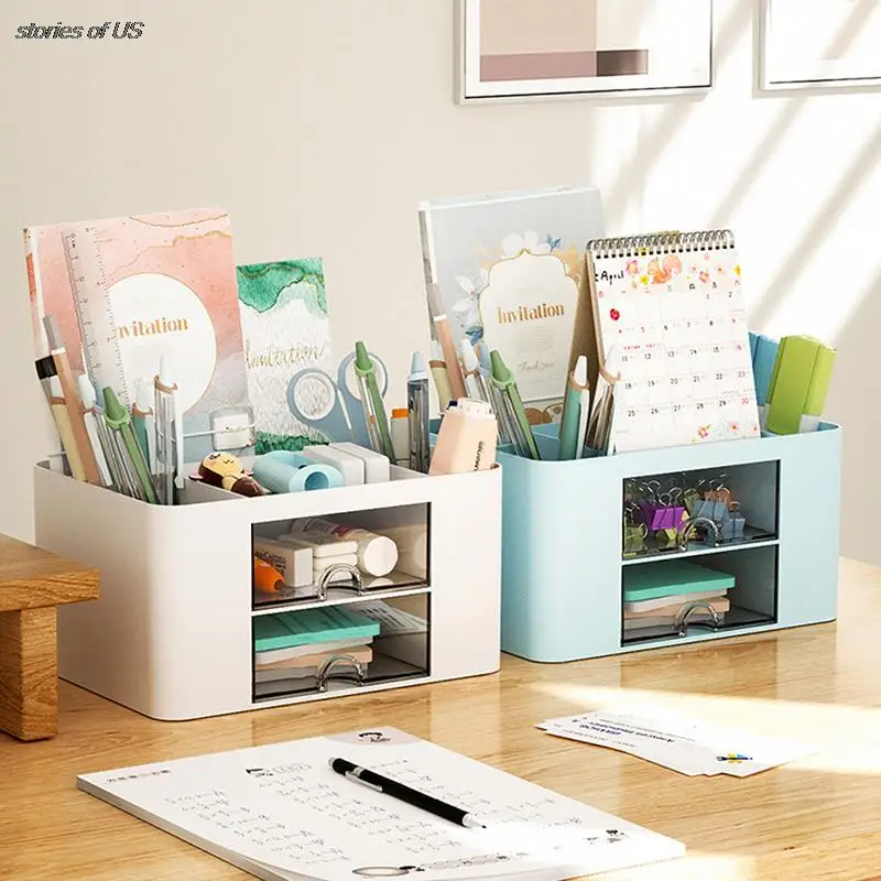 

Large Capacity Simple Solid Color Pen Holder With 2 Drawer Multifunction Stationery Storage Box Student Office Desktop Organizer