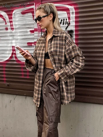 Mnealways18 Vintage Plaid Shirts Women Loose Gingham Female Blouse Spring 2023 Button Top Shacket Oversized Long Shirts Ladies