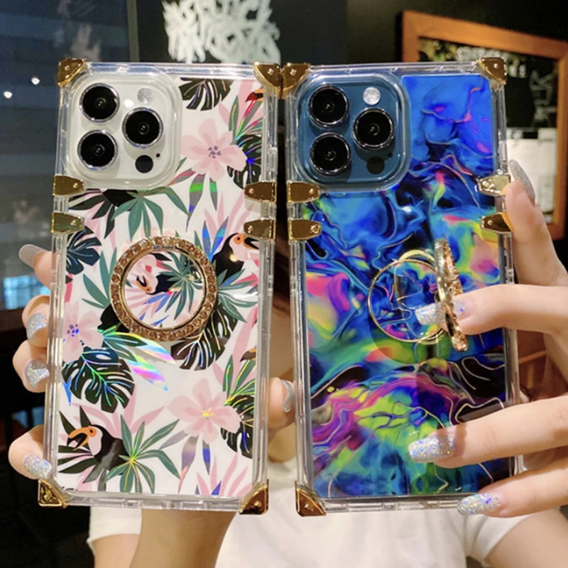 

Luxury Laser Square Flower Stand Phone Case For iPhone 13Pro MAX 12 11 XS MAX XR 7 8 Plus Glitter Diamond Ring Holder Soft Cover