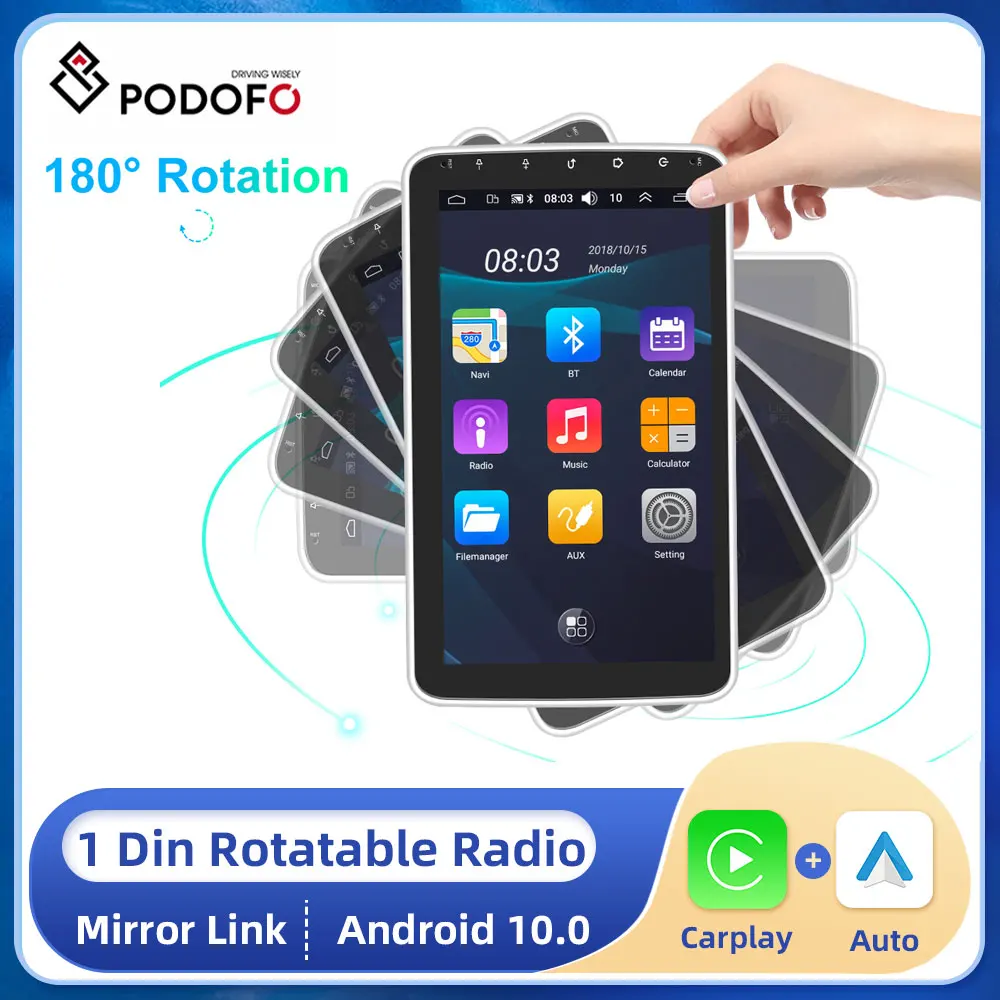 Автомагнитола Podofo, мультимедийный плеер на Android, с 10-дюймовым поворотным экраном, GPS, Типоразмер 1DIN