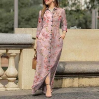 retro shirt dress lapel anti fade buttons up floral print casual dress maxi dress women dress
