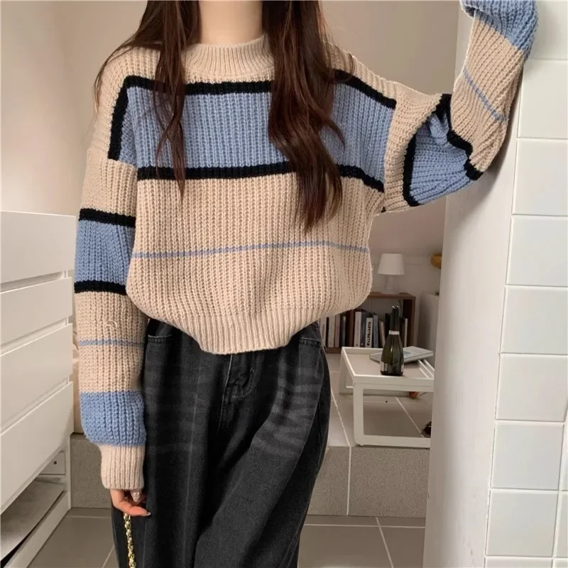 Осень/зима новый полосатый вязаный пуловер свитер для женщин свободный крой