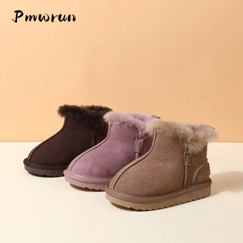 Woman Winter Children Snow Boots Leather Girls Boots Warm Plush Boy Shoes Student Fashion Kids Boots Baby Toddler Shoes Casual