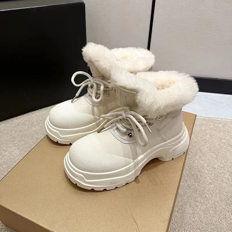 

Winter Thicken Plush Ankle Boots for Women 2023 New Warm Pu Leather Snow Boots Woman Lace-Up Flat Heels Cotton Shoes botas mujer