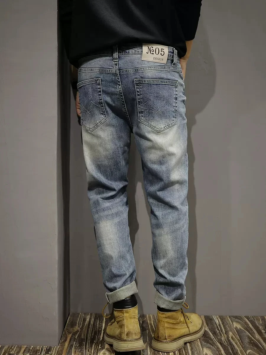 Newly Vintage Fashion Men Jeans Retro Blue Stretch Slim Fit Hole Ripped Jeans Men Trousers Casual Designer Denim Pants Hombre