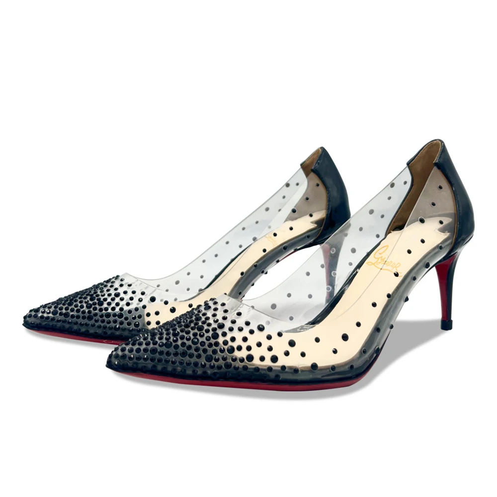 

Роскошные Дизайнерские Туфли-лодочки с кристаллами на высоком каблуке прозрачная красная подошва с острым носком на шпильке пикантные жен...