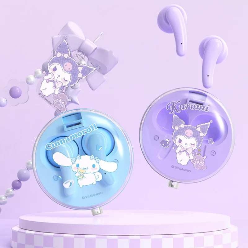 

Kawaii Sanrio Cinnamoroll Kuromi Pachacco Round Bluetooth Headset Anime Cartoon Cute In-ear High-quality Earphone Gift Chain