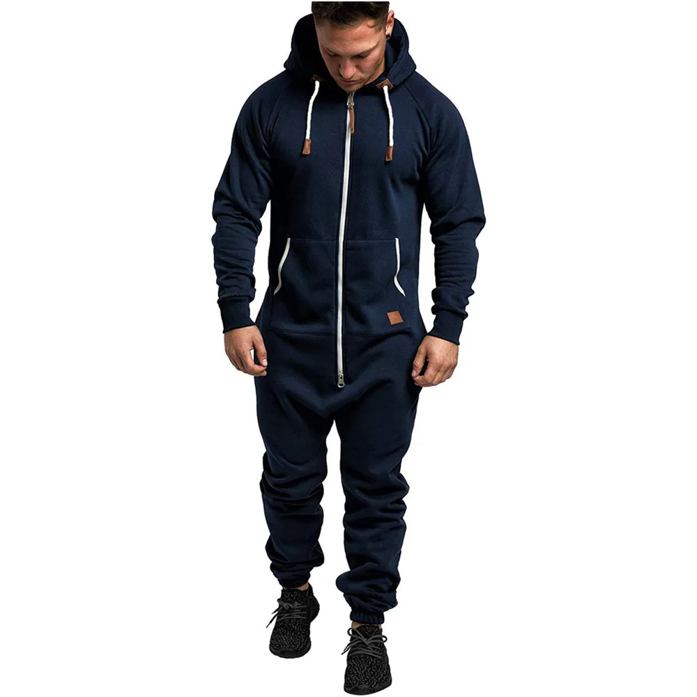 Men Jumpsuits New Autumn Winter Men's Hooded Fleece Jumpsuit Solid Color Matching Casual Suit Men Zipper Pocket Mens Clothes