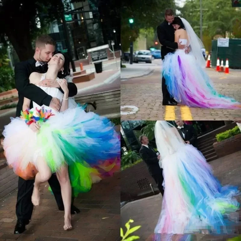 

Puffy Rainbow A-Line Wedding Dress Colorful Tulle Bridal Gowns Halter Backless High Low Halter Boho Beach Bride Dress Corset