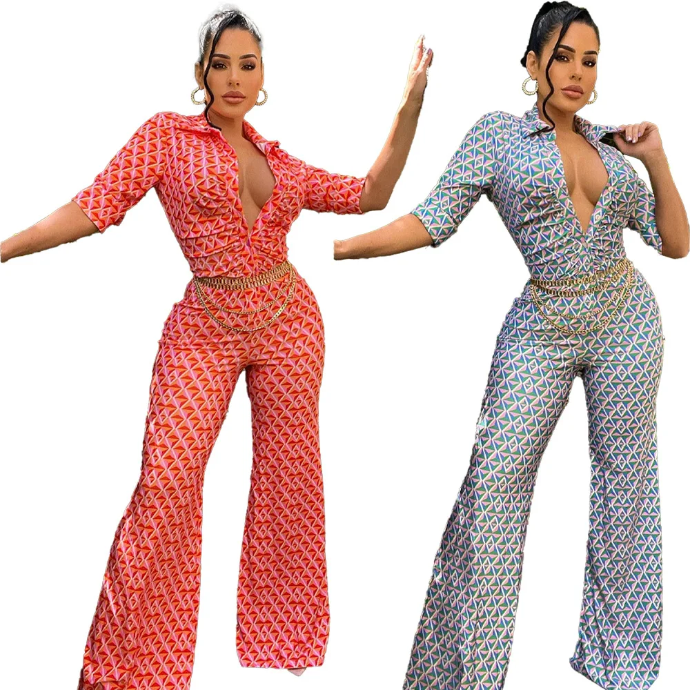 

Summer Shirt Jumpsuit Women Fashion Printing Half Sleeve Straight Long Jumpsuit Women