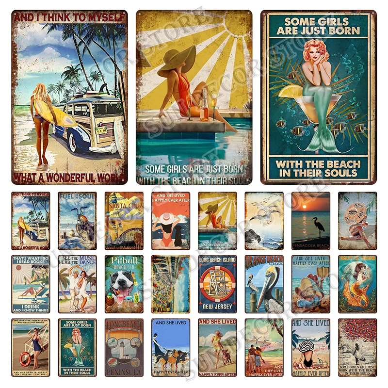 Калифорнийские пляжи, серфинг, металлическая пластина, бесконечный летний Настенный декор, жестяной знак, винтажная доска для серфинга, потрепанные Чи, таблички для рисования