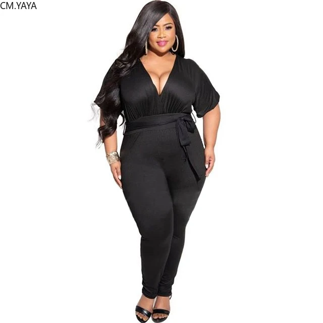 Женский Летний комбинезон с V-образным вырезом коротким рукавом и поясом |