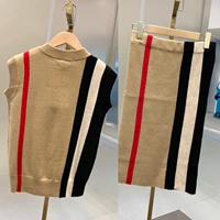 high quality womens suit knitted elastic office lady sleeveless sweater with hip wrap slim skirt 2 piece set skirt sets