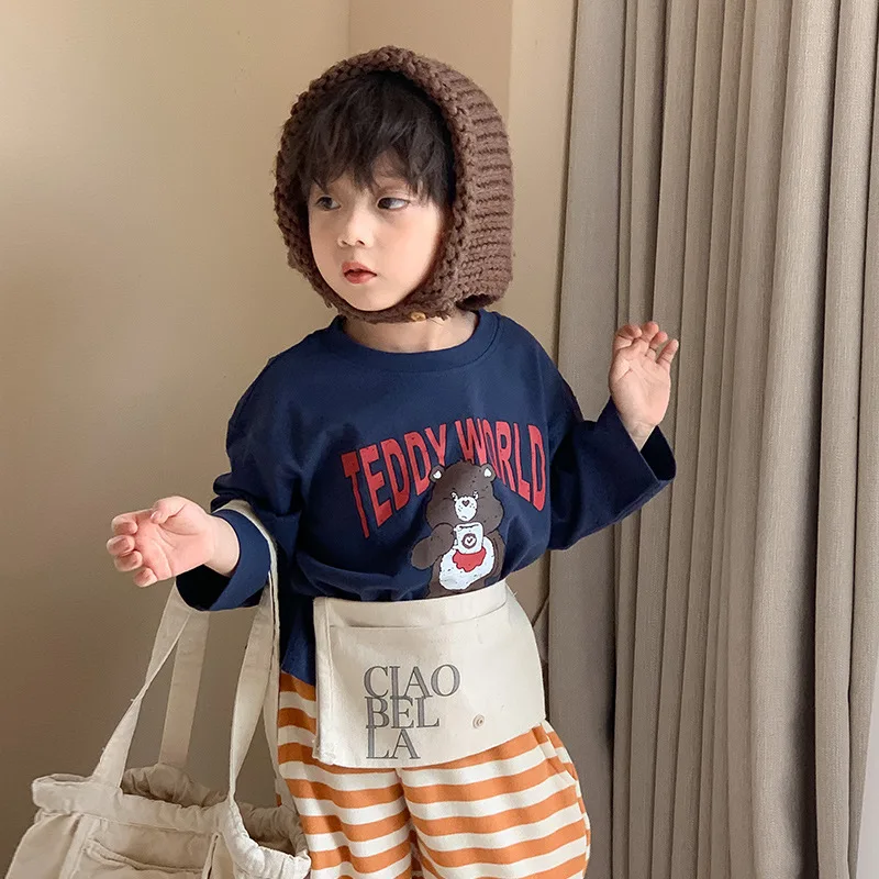 

2023 Autumn New Children Long Sleeve T Shirts Cotton Baby Boys Cartoon Bear Print Cute Girls Casual Bottoming Tops Kids Clothes