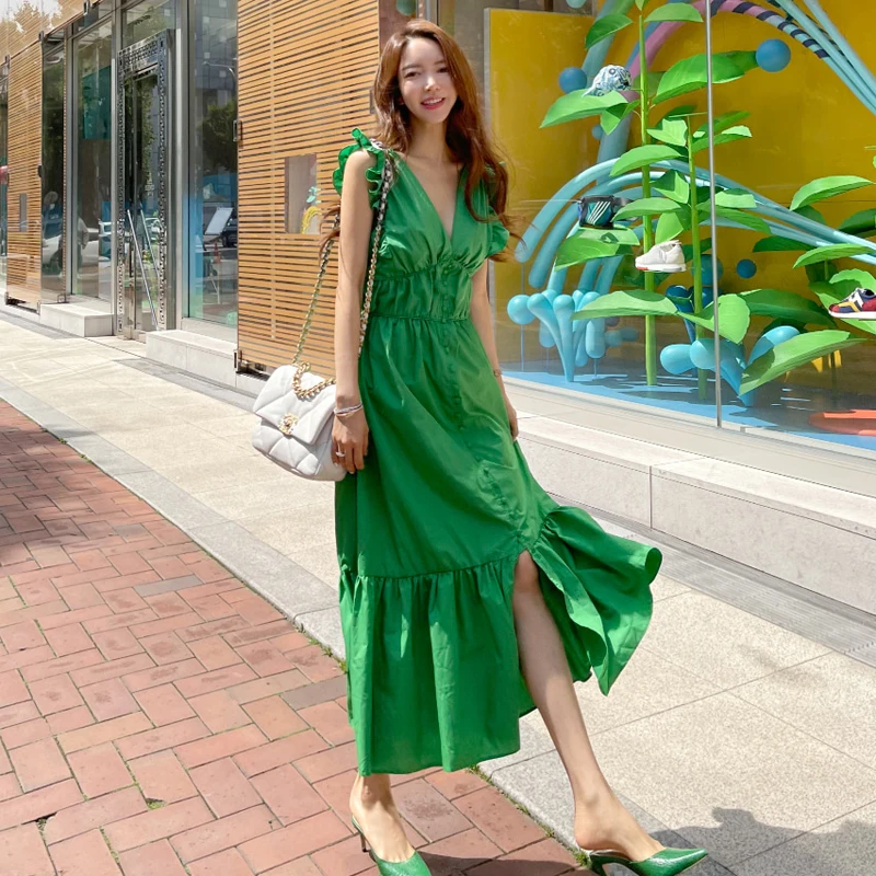 

Beach Style Slim Fit Women's Dresses Backless 2022 New Fashion High Waist Summer Holiday Sleeveless V-Neck Female Clothing