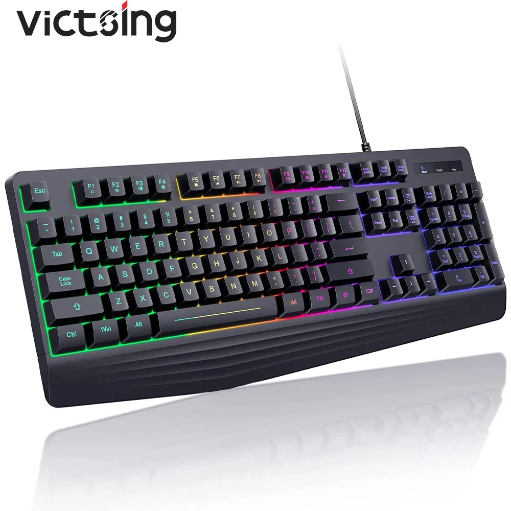 

Victsing Gaming Keyboard,7-Color Rainbow LED Backlit,104 Keys Quiet Light Up Keyboard with Wrist Rest,Waterproof for PC Mac Xbox