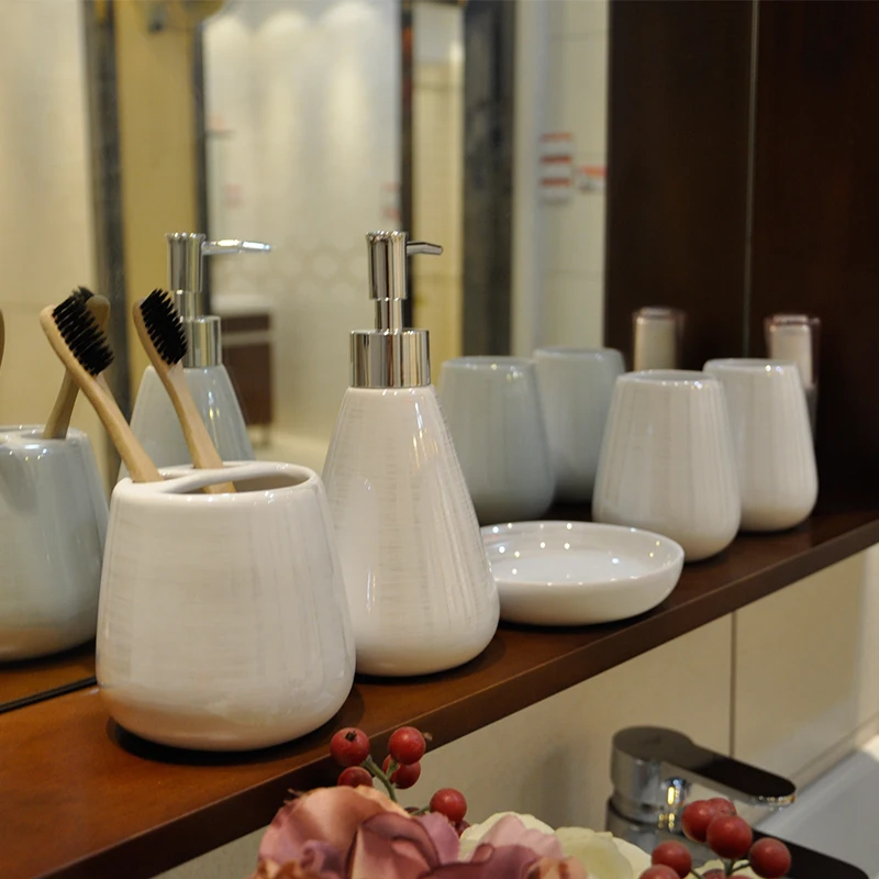 

Colored Ceramics Five-Piece Set Bathroom Kit Accessories Wedding Gift Toothbrush Holder Soap Dispenser Plastic Tray