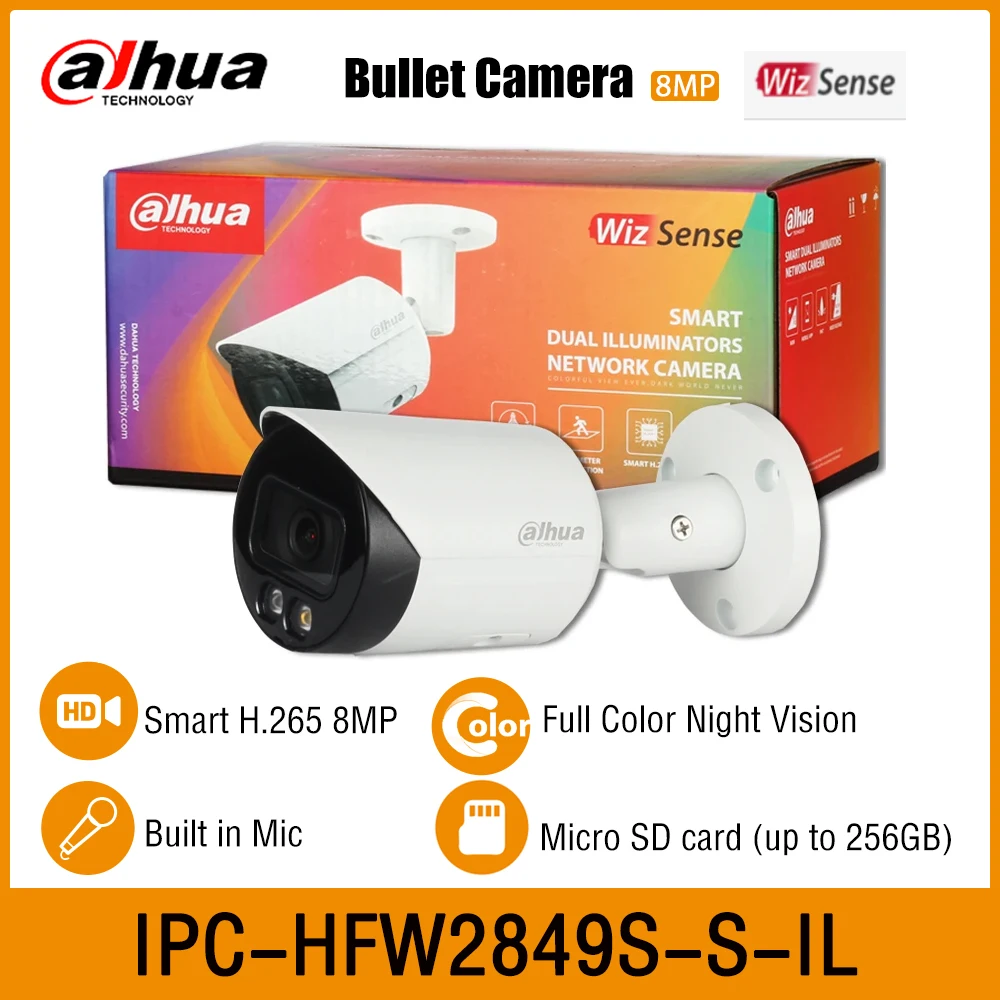 

Dahua IPC-HFW2849S-S-IL 8MP Smart H.265 4K Dual Light IR 30M Mini Bullet WizSense Network IP PoE Camera Built in Mic IP67 SMD