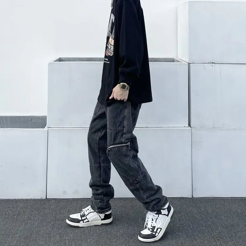 Washed Vintage Black Cargo Jeans Men's Loose Straight-leg Pants Tide Brand High Street Hip Hop Trousers baggy jeans