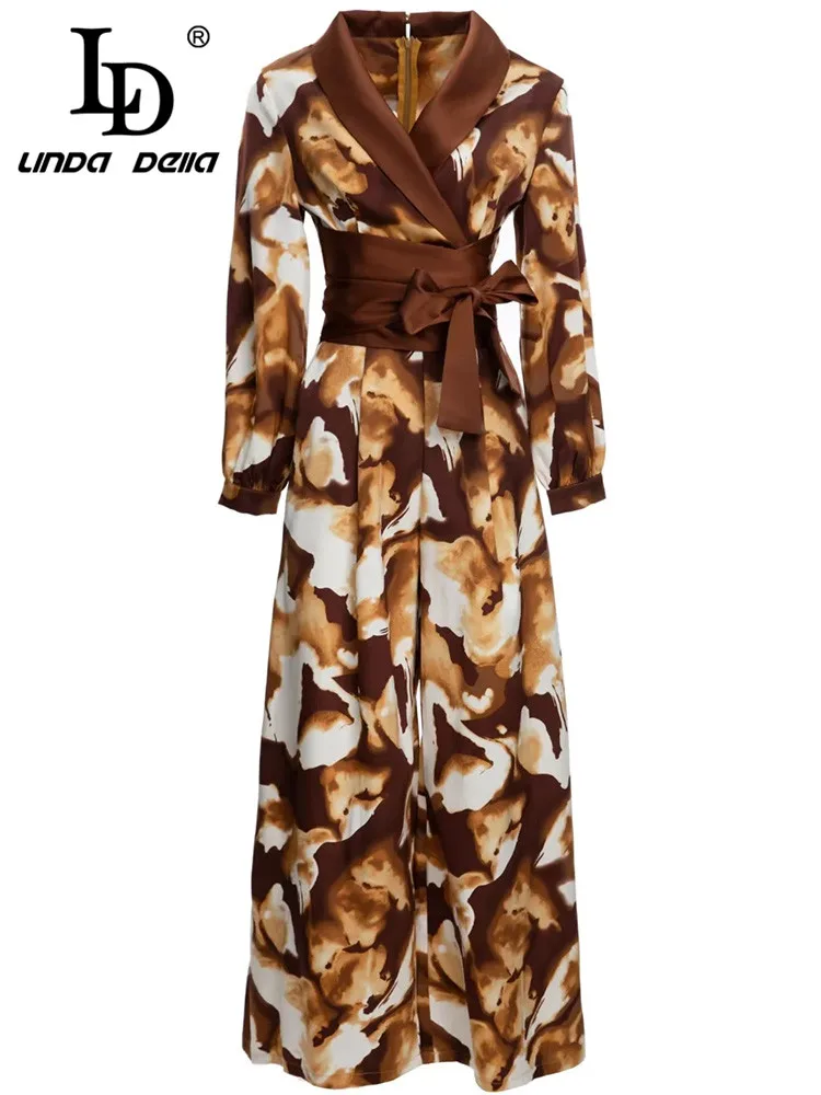 LD LINDA DELLA Designer Autumn Winter Vintage Jumpsuit Women Long Sleeve Belted High waist Printed Wide Leg Pants Playsuit