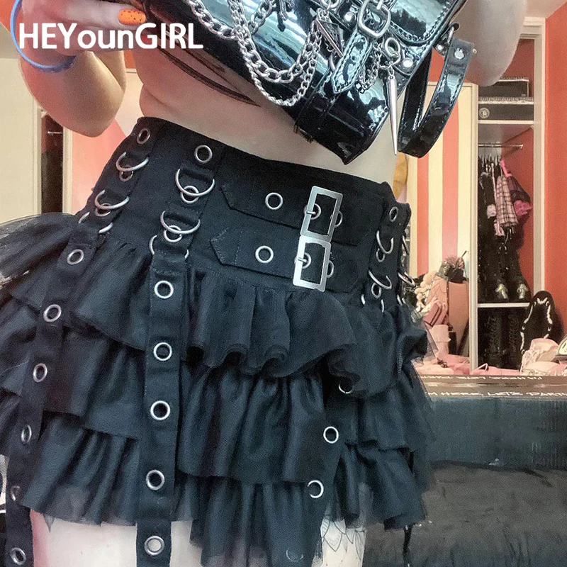 

HEYounGIRL Gothic Style Women Pleated Short Skirt Eyelet Rippon Low Waist Punk Black Y2K Mini Skirts Vintage Club Wear Aesthetic