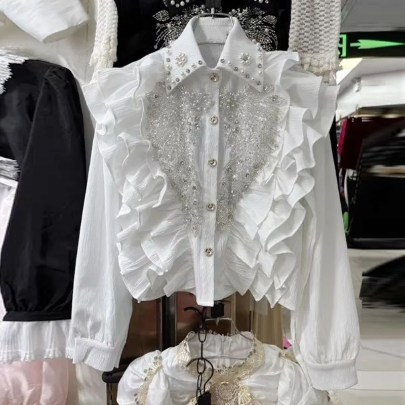 Женская блузка с длинным рукавом воротником лацканами и блестками