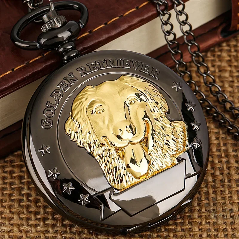 Фото Аналоговые карманные часы Golden Retriever Pet Dog Full Hunter Cover Black Quartz для мужчин и женщин с цепочкой-кулоном в подарок №2