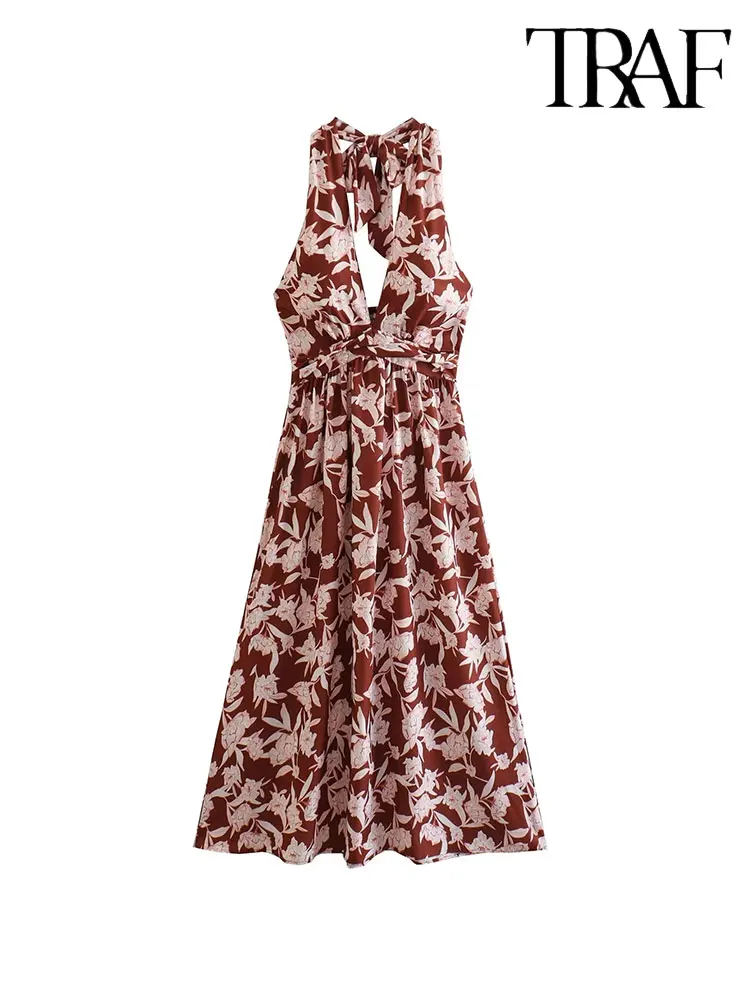 

Платье-миди летнее с цветочным принтом, на шнуровке, без рукавов