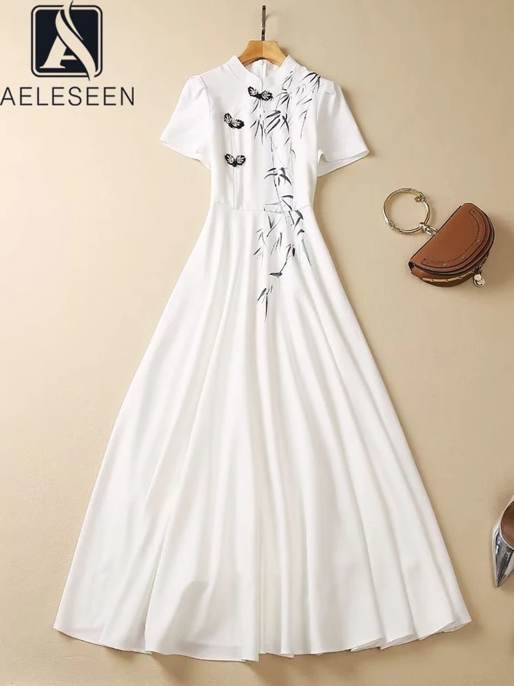 

AELESEEN Runway Fashion Women White Dress Spring Summer Crystal Button Bamboo Print Elegant Long Party Holiday