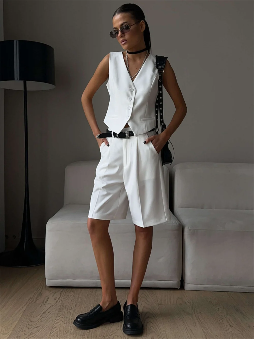 Women Suit Vest Shorts 2 Piece Set Summer Solid Sleeveless Button V-neck Top and High Waist Knee-Length Straight Shorts Suit