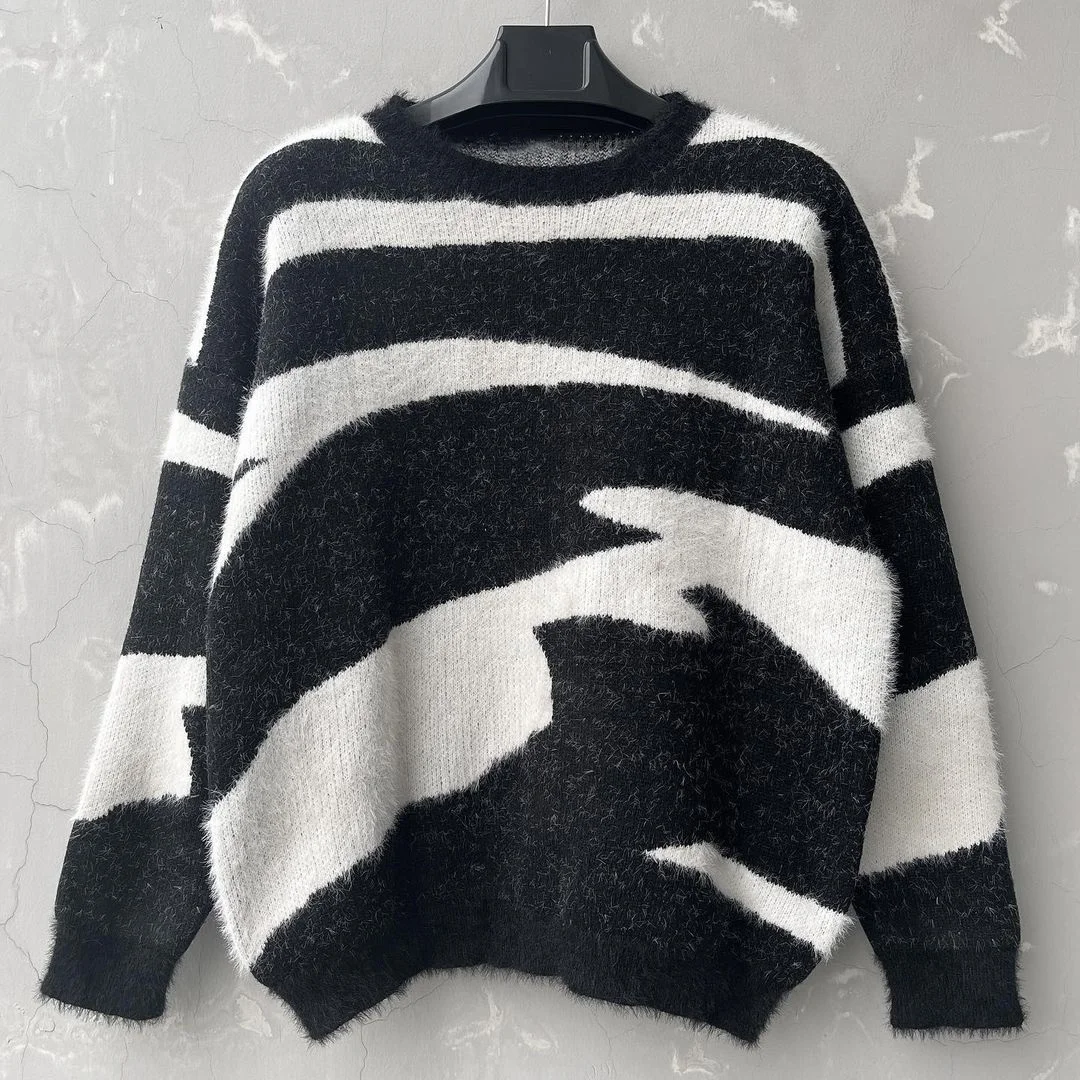 Y2k traf пуловер свитер с длинным рукавом ретро уличный принт полосатый аниме одежда