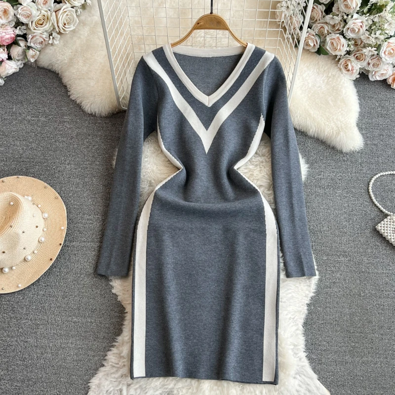 

Женское трикотажное платье до колен, винтажное офисное платье контрастных цветов в полоску с V-образным вырезом и длинным рукавом, осень 2023