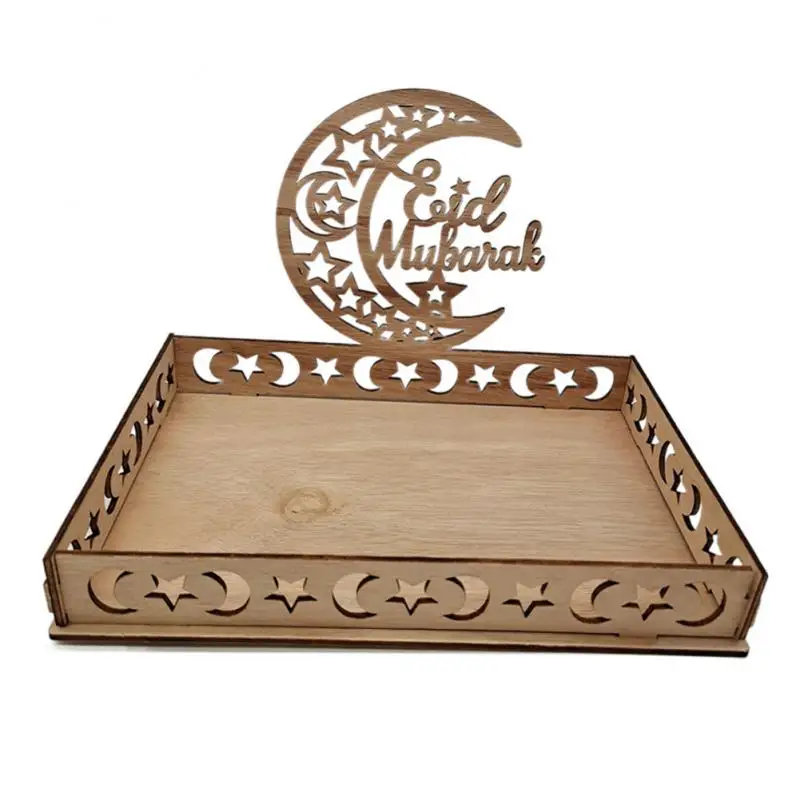 

Eid Mubarak Wooden Food Tray Wooden Ornament Ramadan Table Decoration For Home Dessert Display Islam Muslim Party Supplies