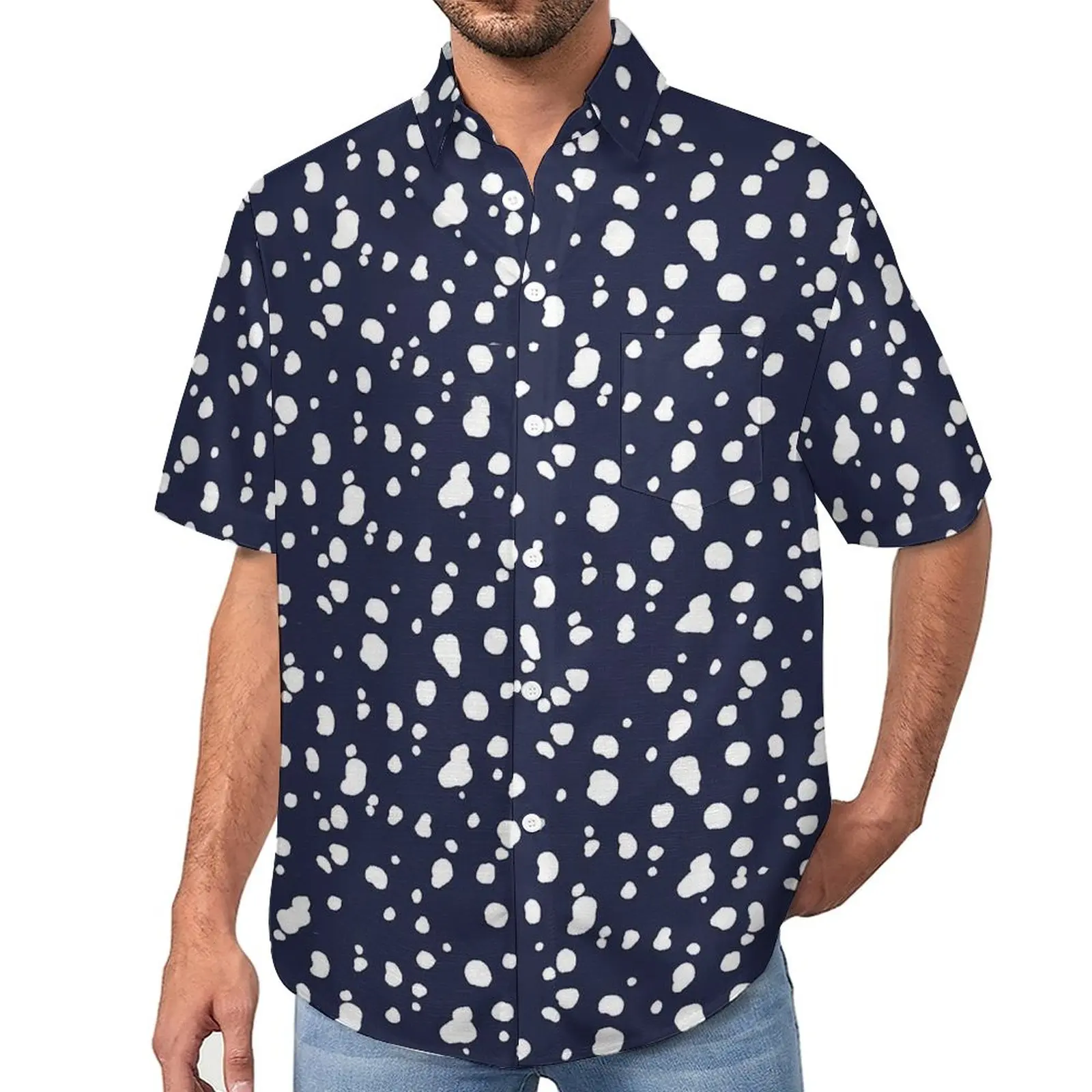 

Dalmatian Print Blouses Mens Navy Blue and White Casual Shirts Hawaii Short Sleeve Graphic Streetwear Oversize Beach Shirt Gift