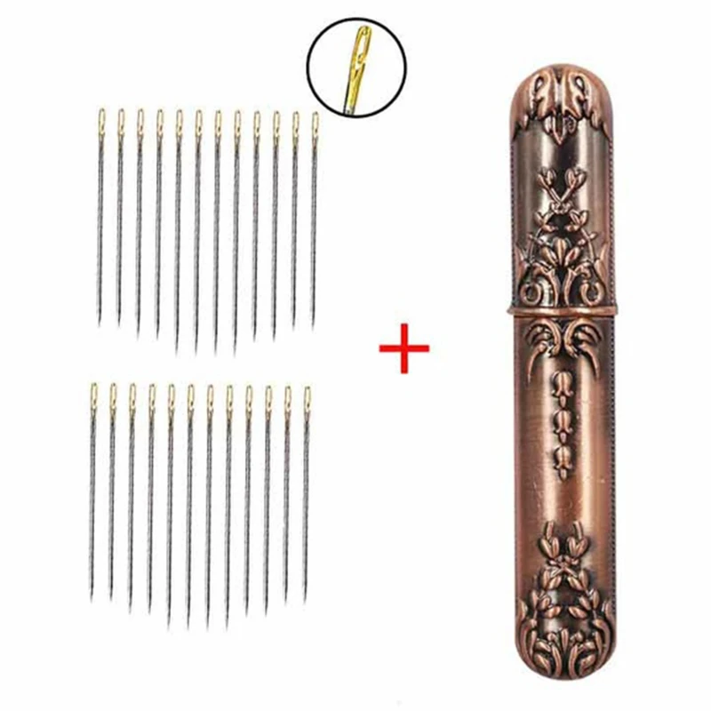 

1pc Vintage Needle Case with 24pcs Self Threading Needles for DIY Needlework Quilting Sewing Supplies Big Eye Needle Storage Box