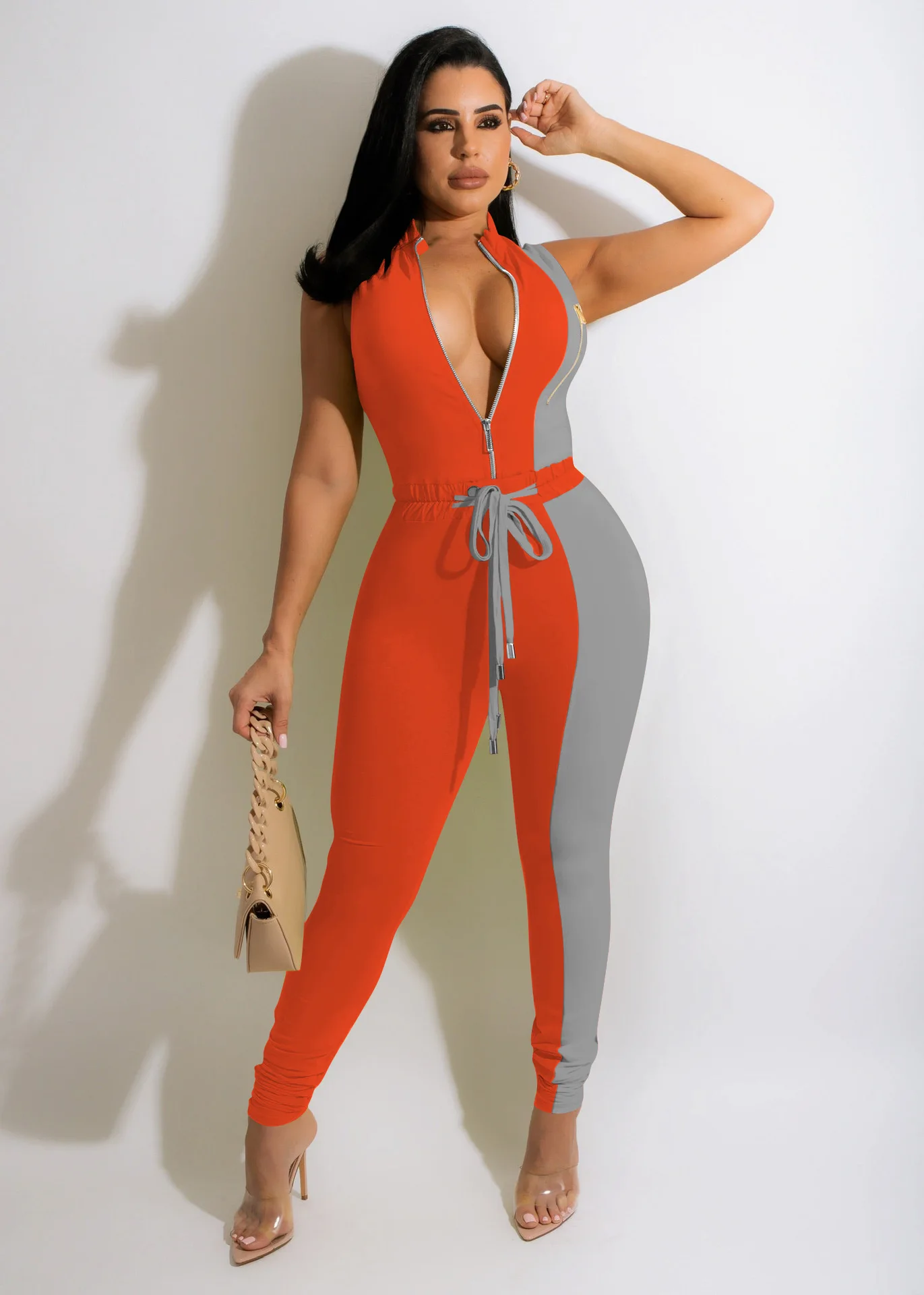 

Summer 2022 Skinny Colorblock Casual Jumpsuit Woman Sexy Sleeveless Front Zipper Waist Strappy Bodysuit Trouser Playsuit