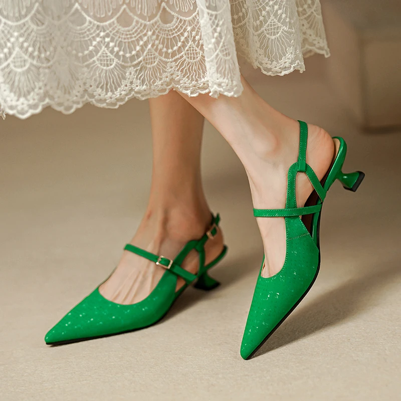 Women Pumps Slingback Shoes Leather Med High Heel Sandals Spring Summer Shoes With Buckle Pointed Toe Greeen