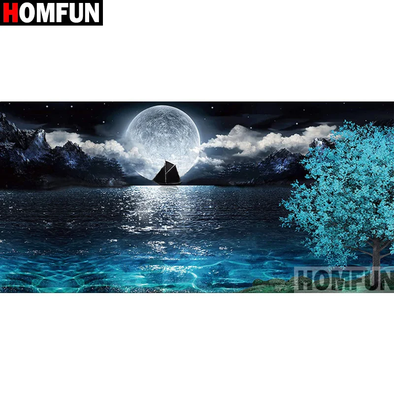 

Алмазная 5d картина HOMFUN, полноразмерная/круглая «Пейзаж, озеро, луна, дерево», картина стразы, для творчества, алмазная вышивка, домашний деко...