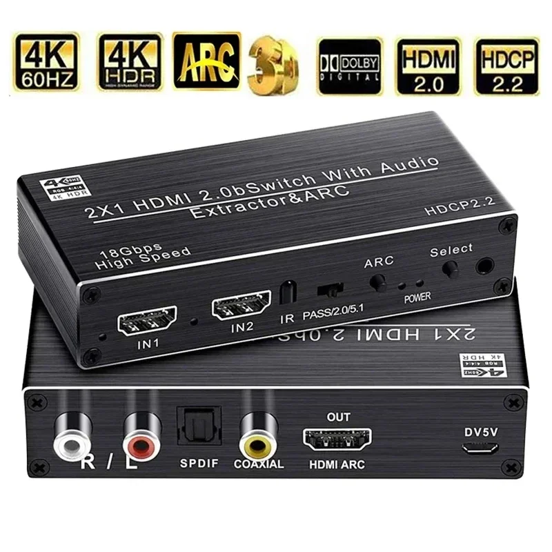 4K HDMI переключатель аудио экстрактор 2 в 1 выход с R/L + Toslink SPDIF коаксиальный ARC 2x1